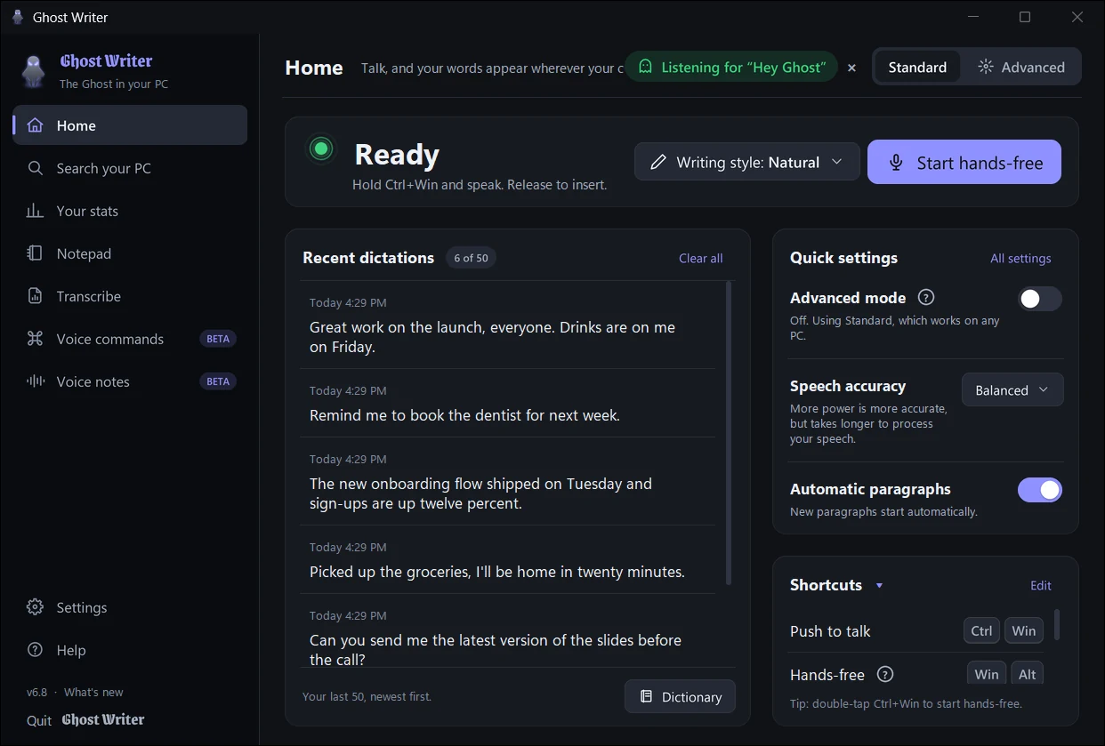 Ghost Writer's Home page: ready to dictate, with your recent dictations